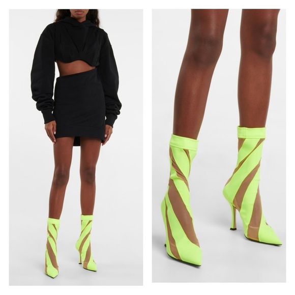 JIMMY CHOO x MUGLER sock bootie neon yellow green EU 37 mesh pointed toe heel - Picture 1 of 11